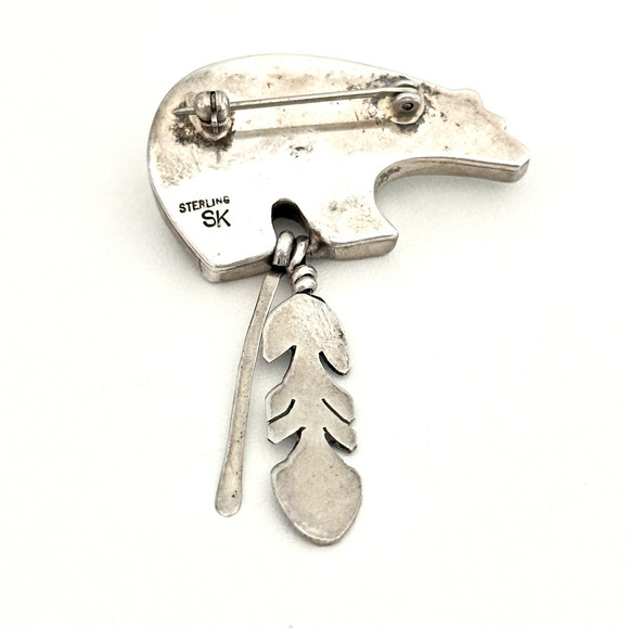 Vintage Samson Kee Native American 925 Sterling Silver Turquoise Bear Brooch Pin - Picture 5 of 11